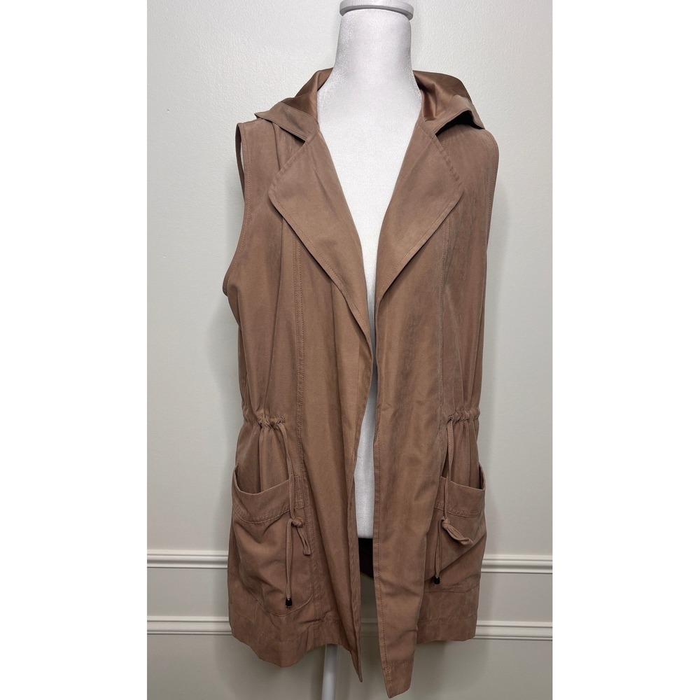 Staccato Womens Taupe Brown Hooded Utility Vest Drawstring Waist Pockets Size M